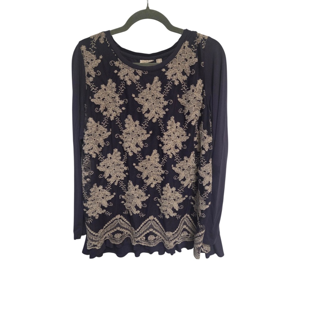 LOGO Lavish Lori Goldstein Navy Floral Embroidered Mesh Long Sleeve Top Medium